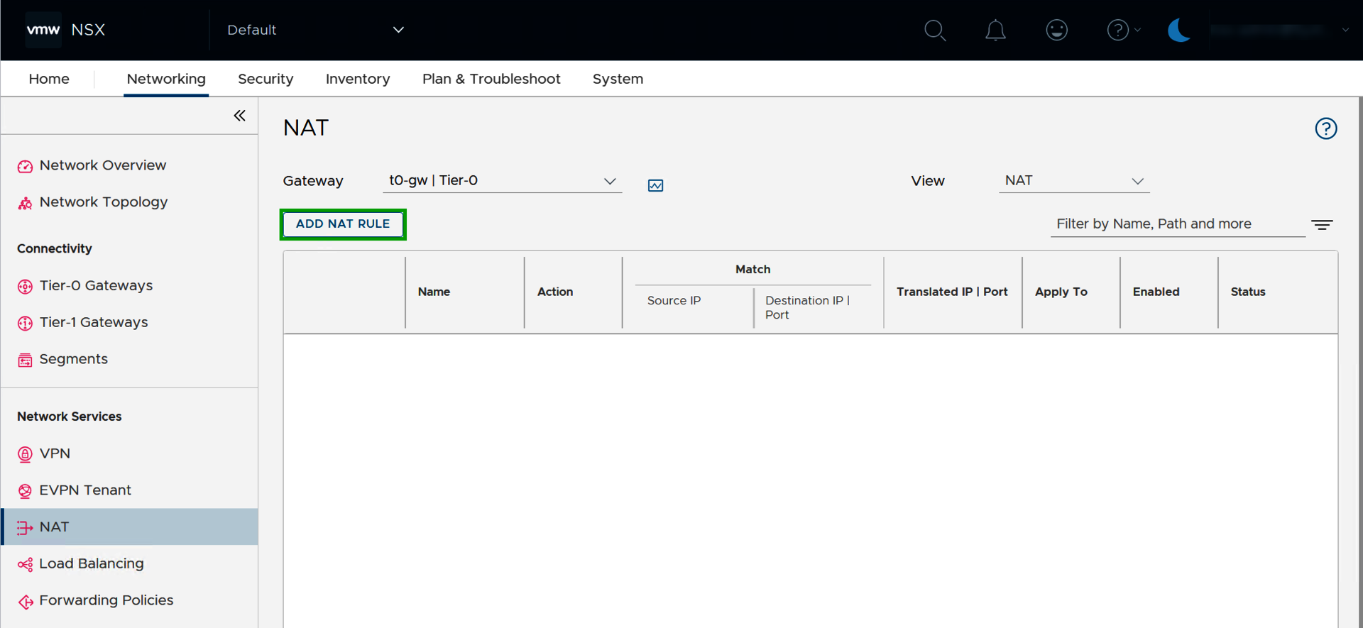 Screenshot: Im NSX Manager wird der Reiter Networking > NAT angezeigt. In diesem Bereich ist die Schaltfläche ADD NAT RULE hervorgehoben.