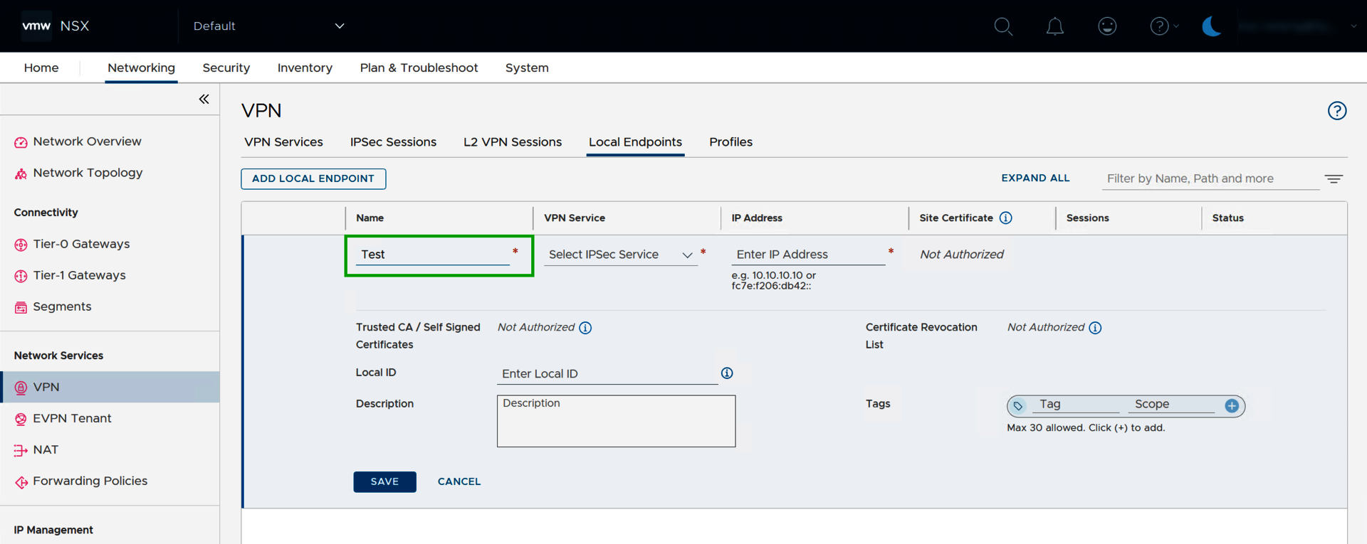 Screenshot: Im NSX Manager wird der Bereich Networking > VPN angezeigt. In diesem Bereich ist im Reiter Local Endpoints in der Eingabemaske für einen neuen Local Endpoint das Eingabefeld Enter Name hervorgehoben.