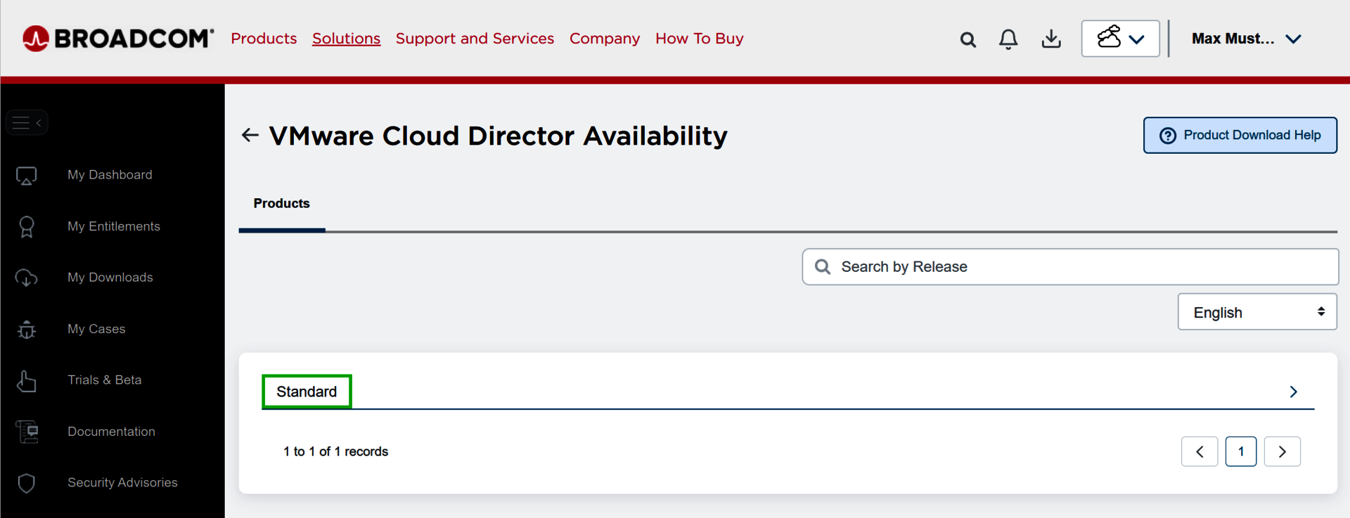 Screenshot: Im Broadcom-Portal wird die Seite VMware Cloud Director Availability angezeigt. Auf dieser Seite ist die Produktversion Standard hervorgehoben.