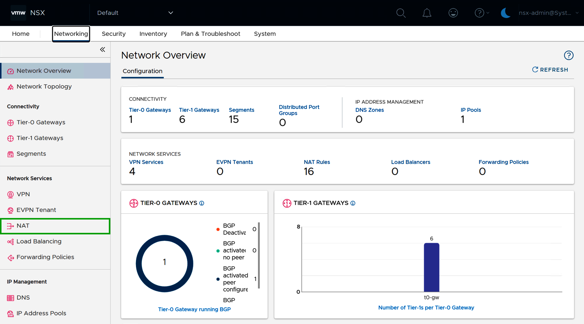 Screenshot: Im NSX Manager wird der Reiter Networking angezeigt. In diesem Bereich ist der Menüpunkt NAT in der Navigationsleiste links hervorgehoben.
