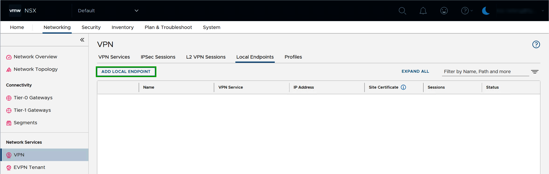 Screenshot: Im NSX Manager wird der Bereich Networking > VPN angezeigt. In diesem Bereich ist im Reiter Local Endpoints die Schaltfläche ADD LOCAL ENDPOINT hervorgehoben.