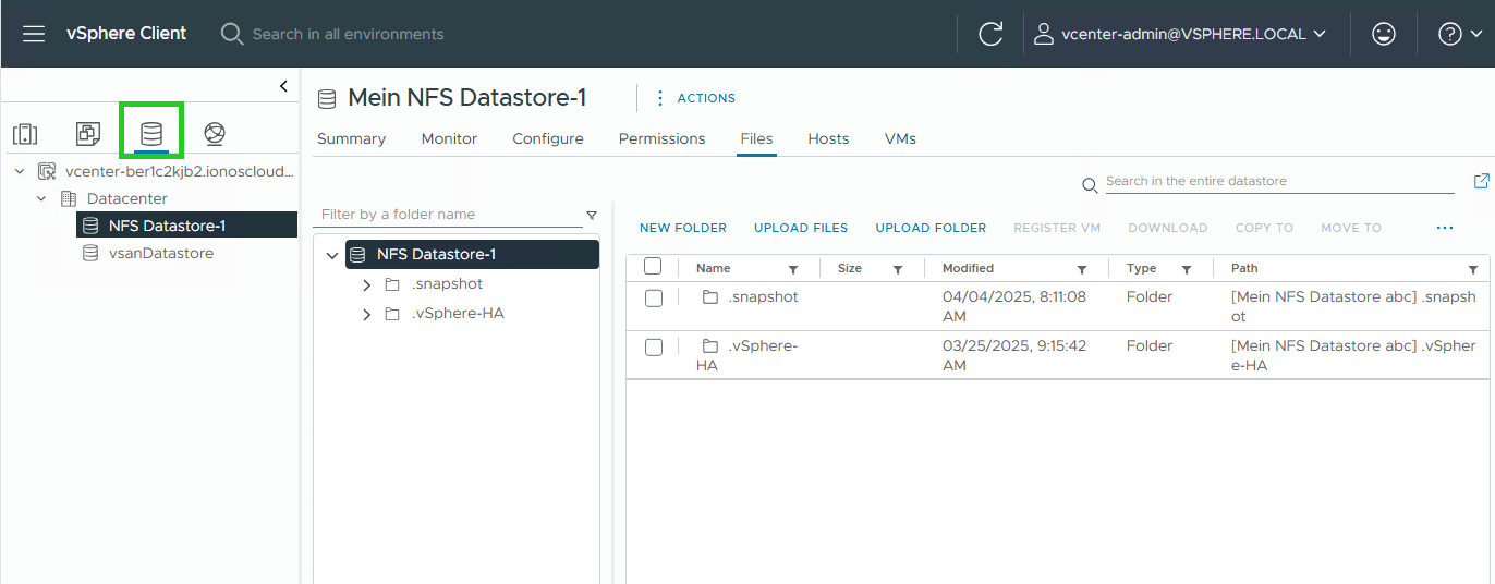 Screenshot: Der vSphere Client wird angezeigt. Auf dieser Seite ist in der Navigationsleiste links die Schaltfläche mit dem Datenbank-Symbol hervorgehoben.