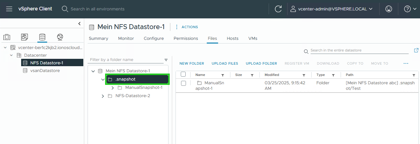 Screenshot: Der vSphere Client wird angezeigt. In der Navigationsleiste, die sich unter unterhalb des Menüpunkts Summary befindet, ist der Ordner .snapshot hervorgehoben.