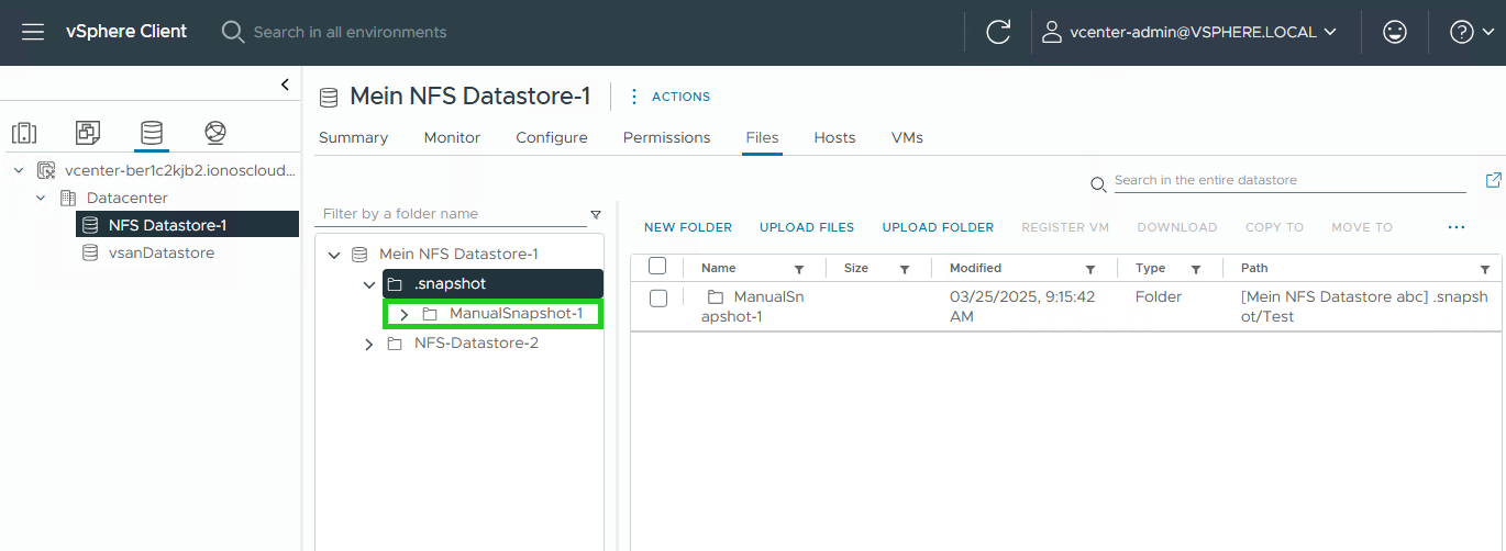 Screenshot: Der vSphere Client wird angezeigt. In der Navigationsleiste, die sich unter unterhalb des Menüpunkts Summary befindet, ist ein Snapshot im Ordner .snapshot hervorgehoben.