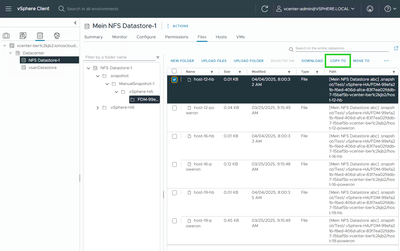 Screenshot: Der vSphere Client wird angezeigt. In einem Ordner des Snapshots ist eine Datei ausgewählt. Darüber hinaus ist die Schaltfläche COPY TO hervorgehoben.