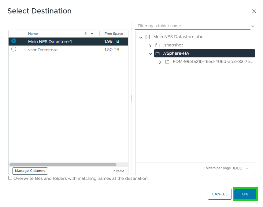 Screenshot: Das Fenster Select Destination wird angezeigt. In dem Fenster ist die Schaltfläche OK hervorgehoben.