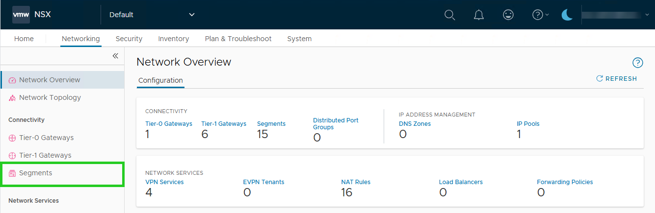 Screenshot: Im NSX Manager wird der Reiter Networking angezeigt. In diesem Bereich ist der Menüpunkt Segments in der Navigationsleiste links hervorgehoben.