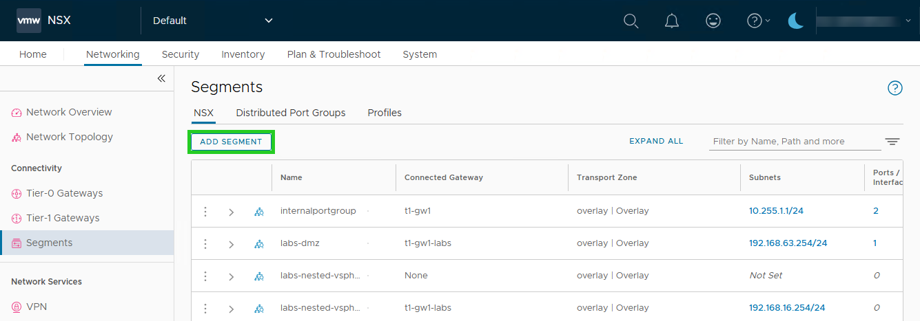 Screenshot: Im NSX Manager wird der Bereich Networking > Segments angezeigt. In diesem Bereich ist im Reiter NSX die Schaltfläche ADD SEGMENT hervorgehoben.