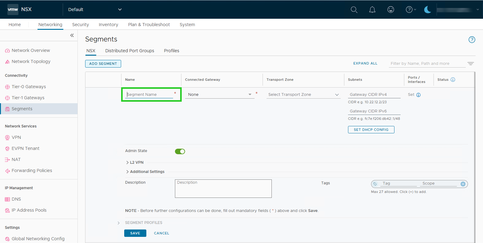 Screenshot: Im NSX Manager wird der Bereich Networking > Segments angezeigt. In diesem Bereich ist im Reiter NSX das Feld Segment Name in der Eingabemaske für ein neues Segment hervorgehoben.