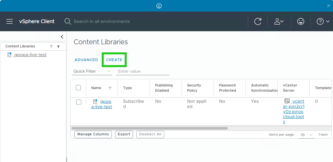 Screenshot: Der Bereich Content Libraries wird angezeigt. Unterhalb von der Überschrift erscheint die Schaltfläche Create. Starten Sie die Einrichtung über diese Schaltfläche.