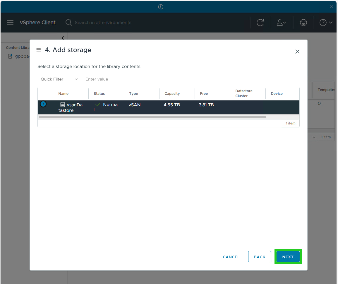 Screenshot: Das Fenster 4. Add storage wird angezeigt. In diesem Fenster ist die Schaltfläche Next hervorgehoben.