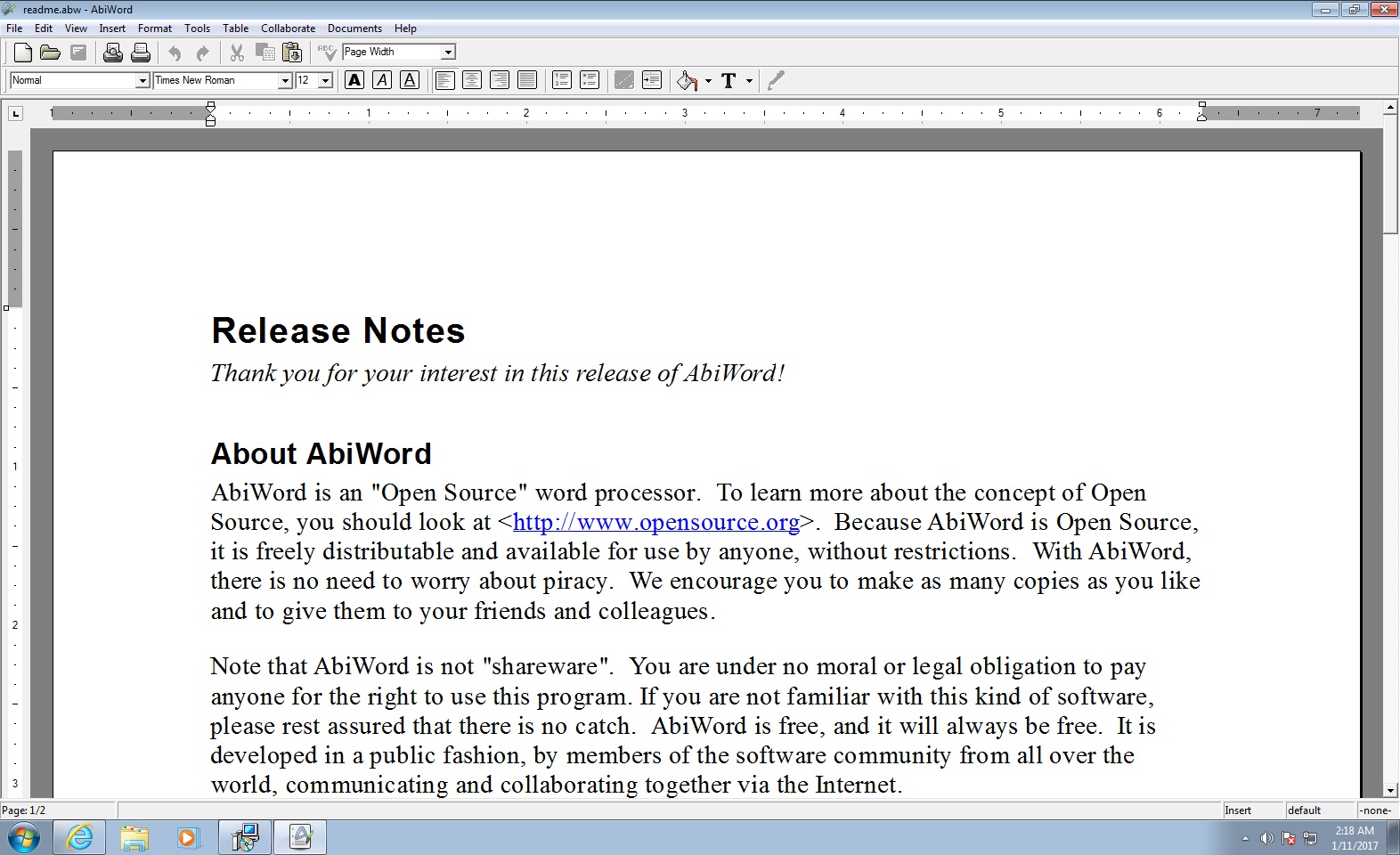 Capture d’écran de l’outil de traitement de texte AbiWord