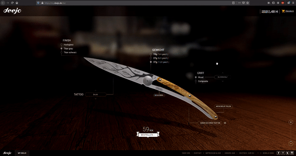 GIF avec présentation interactive en 3D sur la page de vente du fabriquant de couteaux Deejo