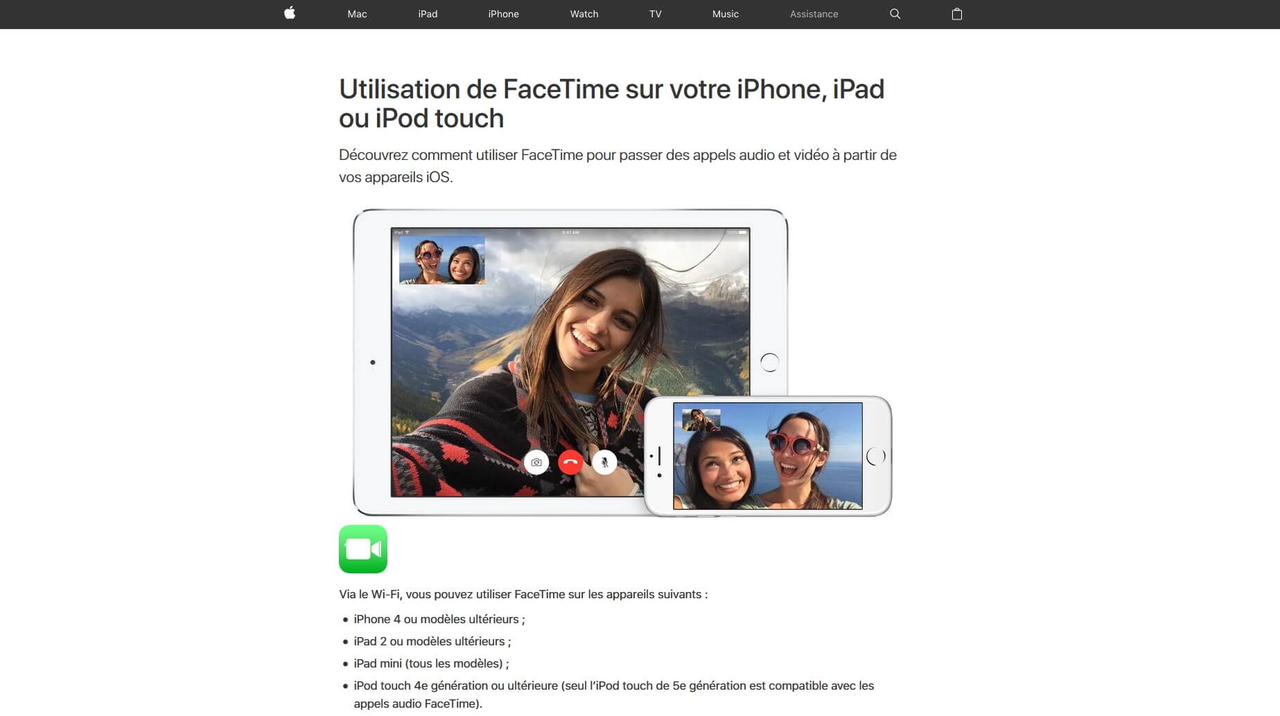 Capture d’écran de la page FaceTime sur le site Internet d’Apple