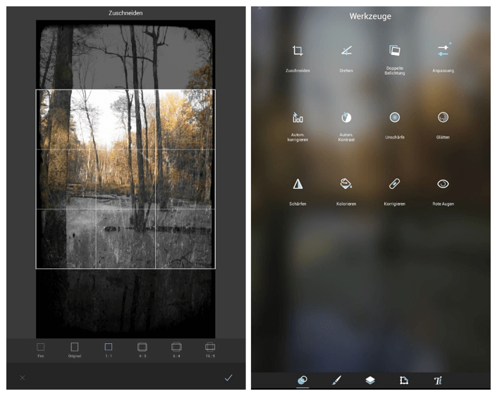 Pixlr Mobile: Benutzermenü der Android-Version