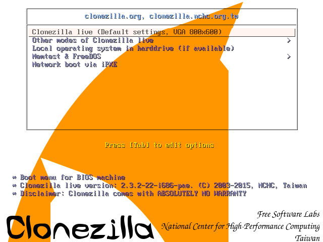 Clonezilla-Live-Boot : menu de sélection du mode opératoire