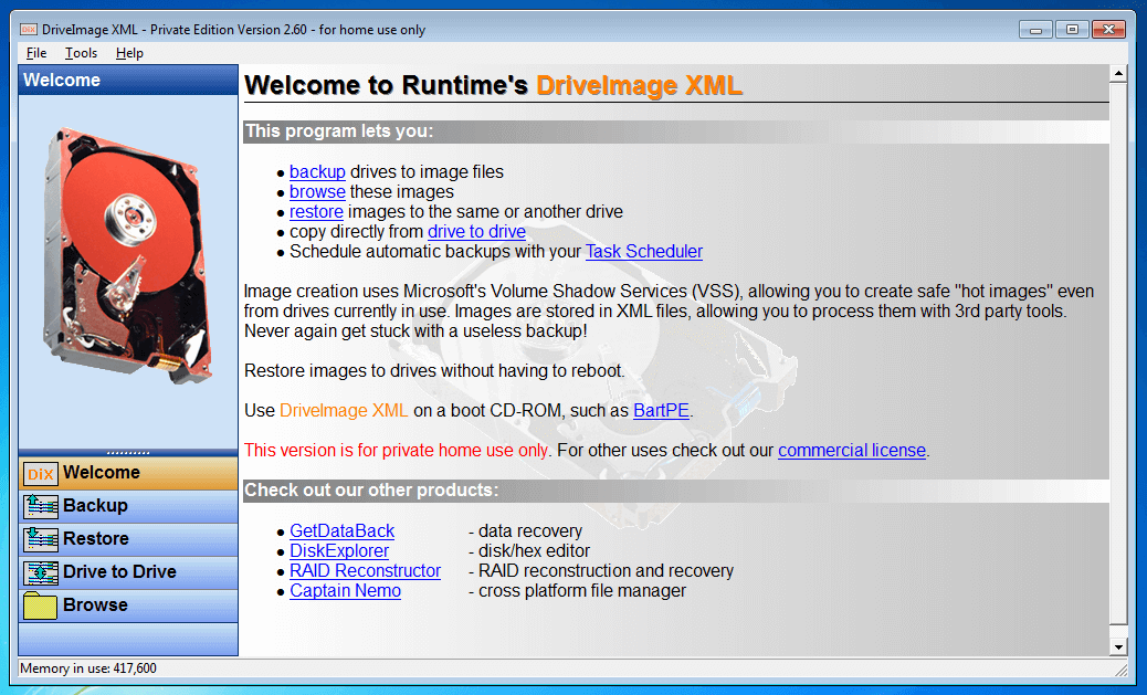 Page d’accueil de DriveImage XML 2.60
