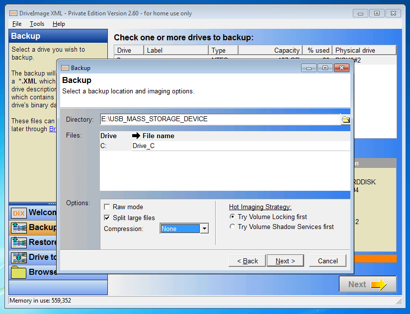 DriveImage XML 2.60 : menu de sélection des options d‘image