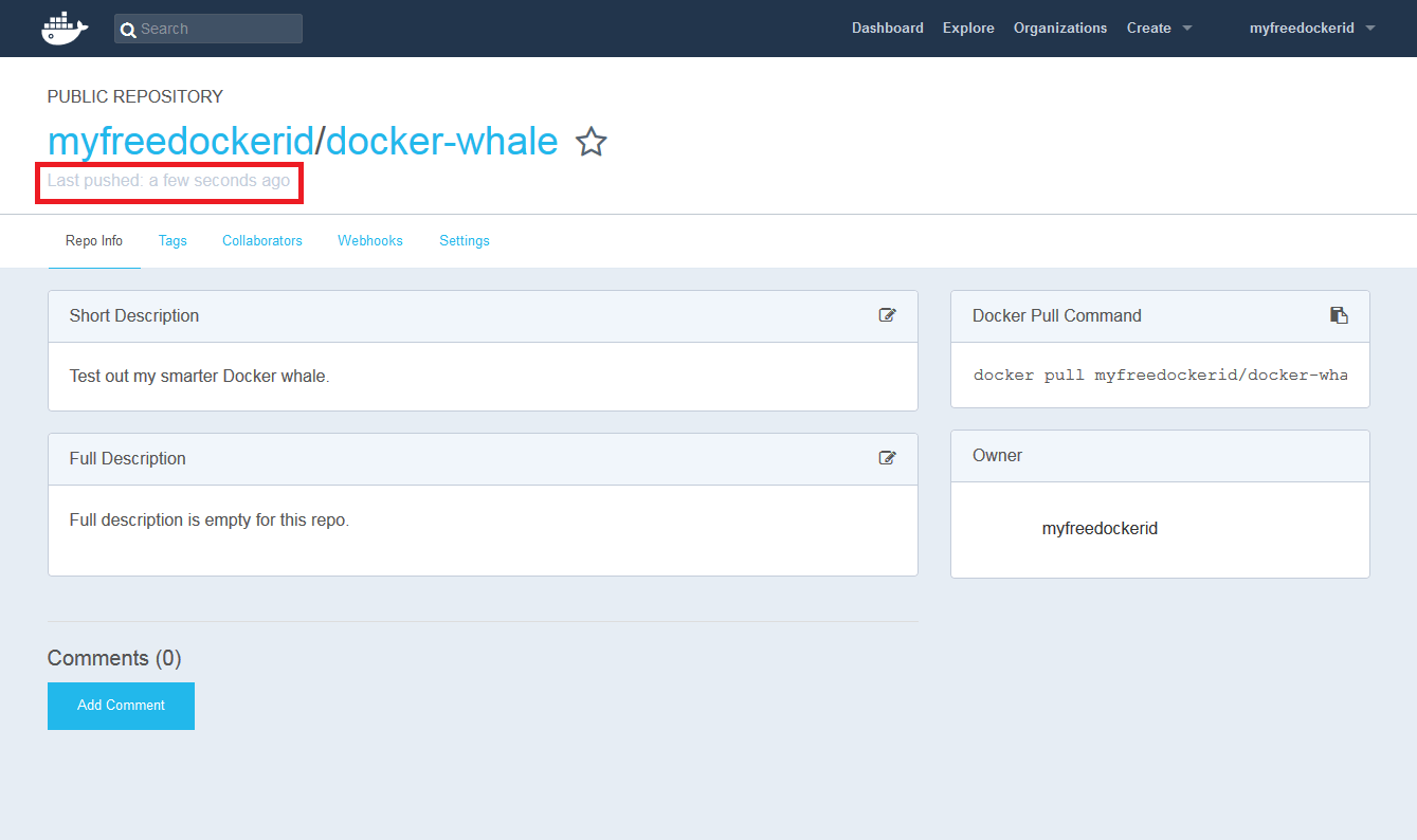 Docker-Hub: le Repository myfreedockerid/docker-whale dans l’aperçu des détails