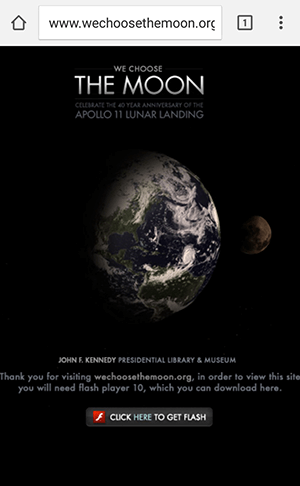 Capture d’écran d’un site Web mobile basé sur Flash commémorant le premier atterrissage sur la lune