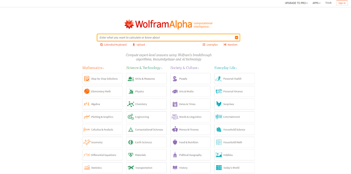 Page d’accueil de WolframAlpha