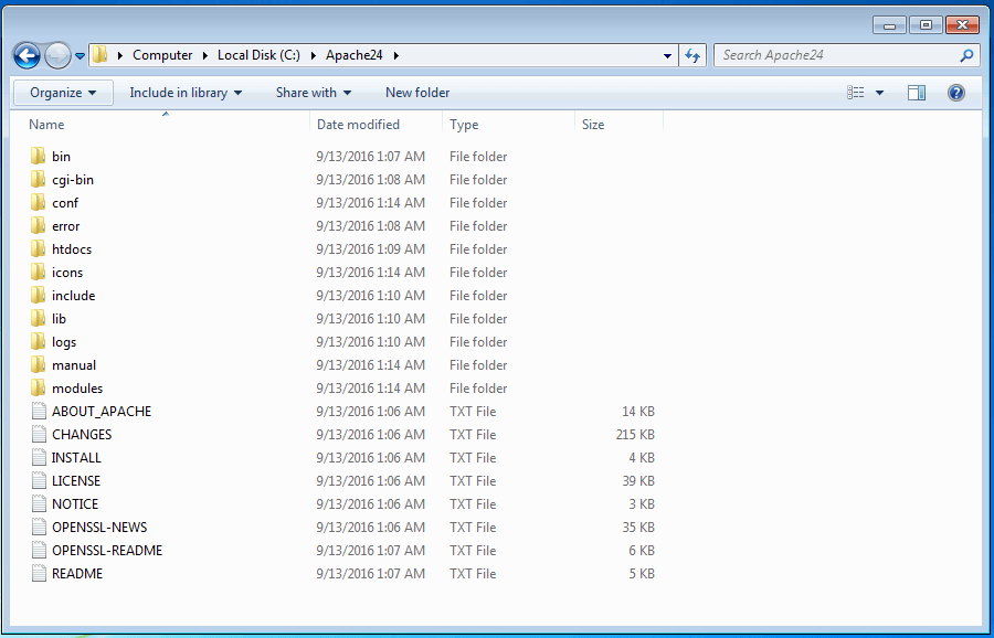Aperçu des fichiers du serveur Web local Apache dans le répertoire Apache24