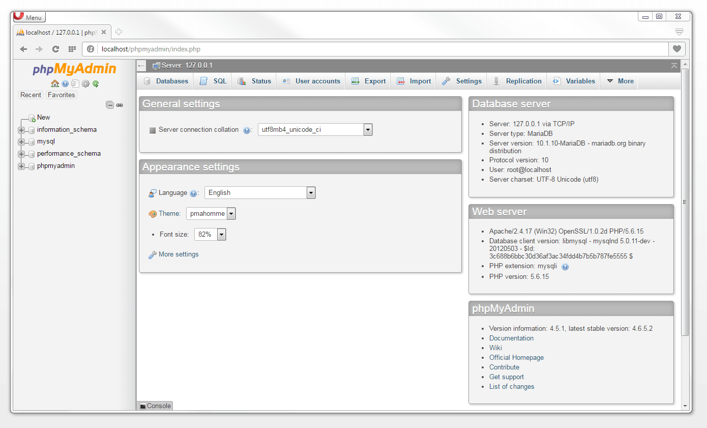 Page d’accueil du logiciel d’administration MySQL phpMyAdmin