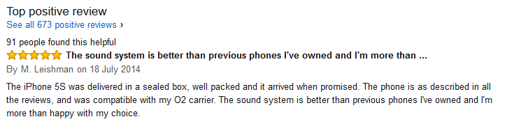 Capture d‘écran d’un avis client Amazon sur l’Iphone 5S