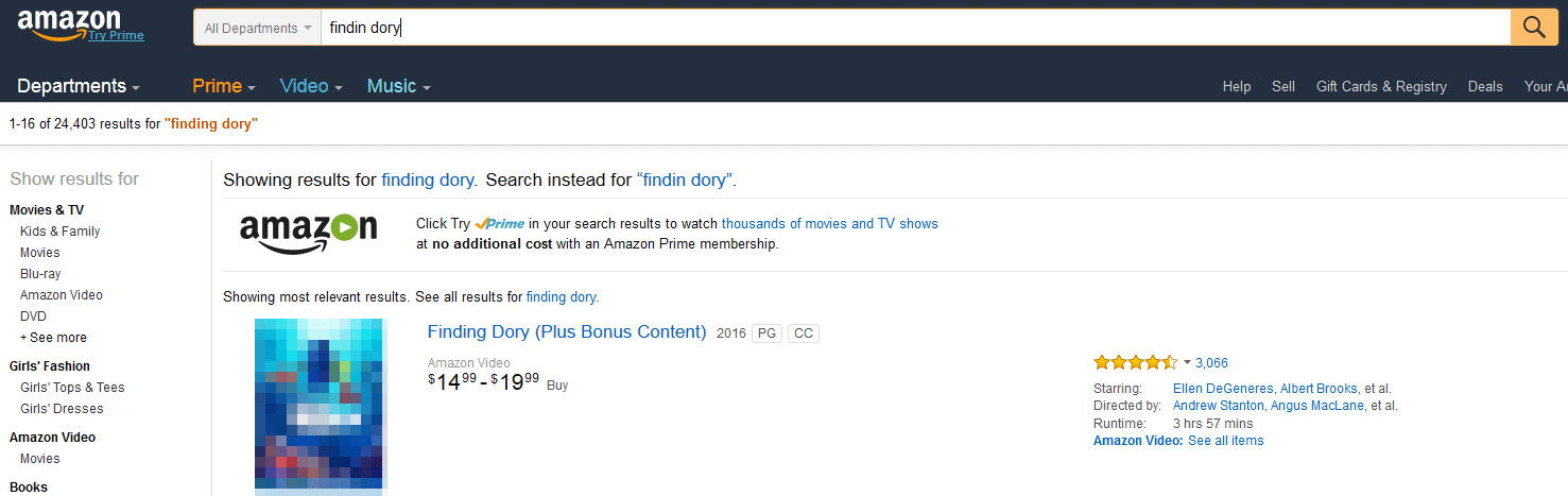 Capture d’écran d’une recherche Amazon comprenant une erreur