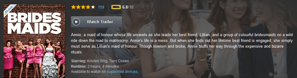 Capture d’écran d’informations et évaluations sur le film « Bridesmaids » (« Mes meilleures amies » en France) sur Amazon Prime Capture d’écran d’informations et évaluations sur le film « Bridesmaids » (« Mes meilleures amies » en France) sur Amazon Prime