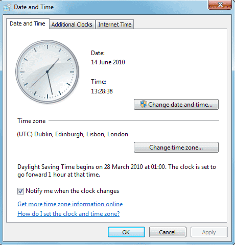 Panneau de configuration de Windows : date et heure