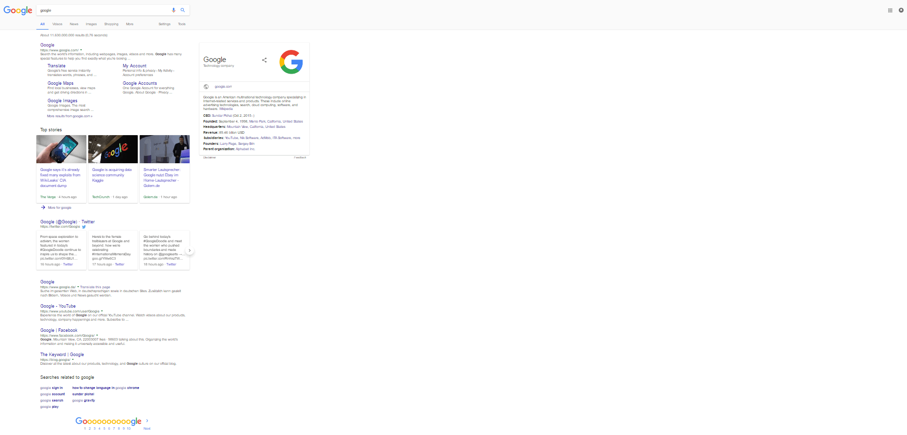 page de résultats de recherche Google en 2016