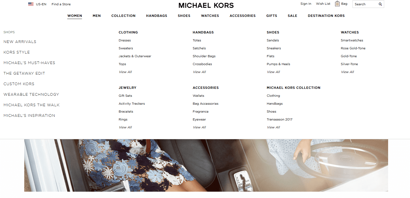 Capture d’écran du menu en liste déroulante du site michaelkors.com