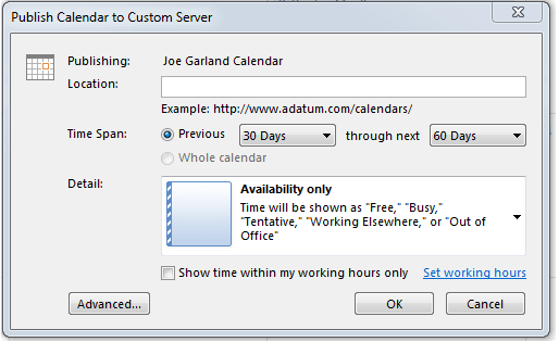 Boîte de dialogue Outlook pour publier le calendrier sur un serveur défini par l’utilisateur.