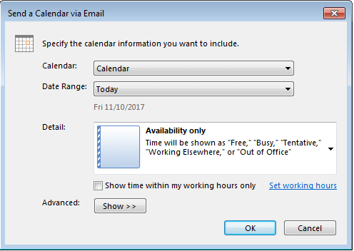 Outlook : fenêtre de dialogue « Envoyer un calendrier par courrier électronique ».