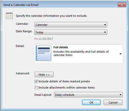 Outlook : options avancées dans la fenêtre de dialogue « Envoyer un calendrier par courrier électronique ».
