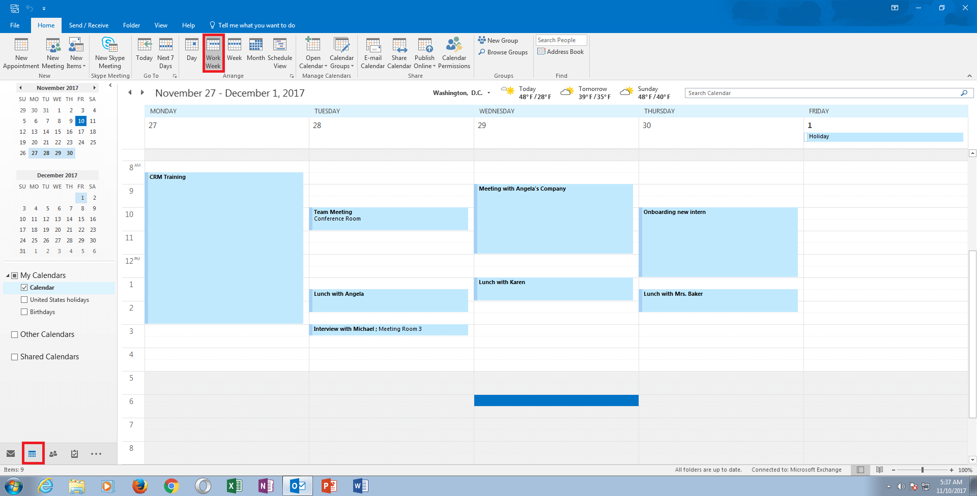 Outlook : affichage du calendrier sur une semaine de travail.