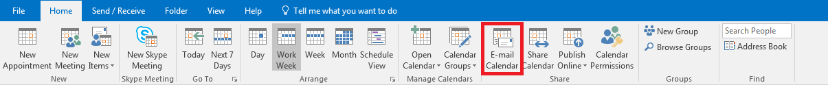 Outlook : barre d’outils du calendrier dans l’onglet « Accueil ».