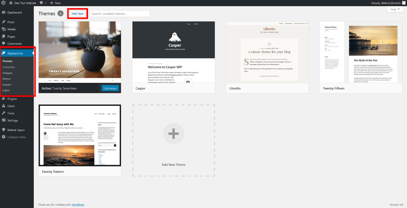 Dans le tableau de bord de WordPress, le menu Apparences (appearences) permet de gérer le design de votre site Web