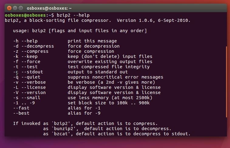 présentation de la commande bzip2 dans le terminal Ubuntu