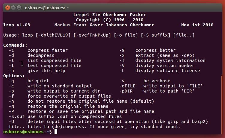 terminal Ubuntu : menu d’accueil de lzop