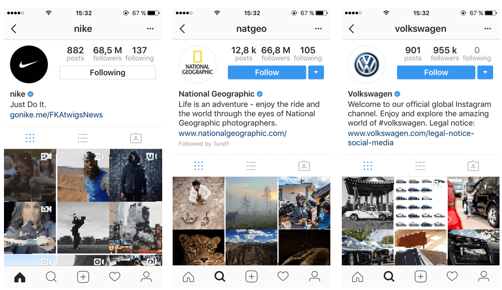 Profil officiel du National Geographic, de Nike et de Volkswagen sur Instagram