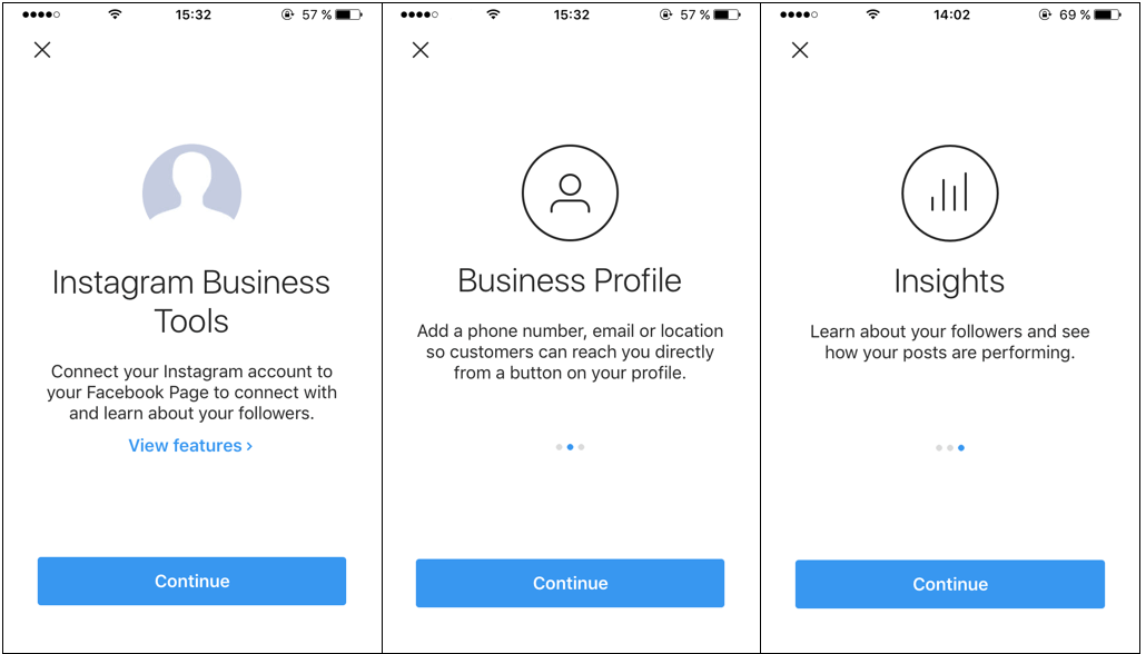 Aperçu d’un profil d‘entreprise, de la page des statistiques et d‘Instagram Business Tools