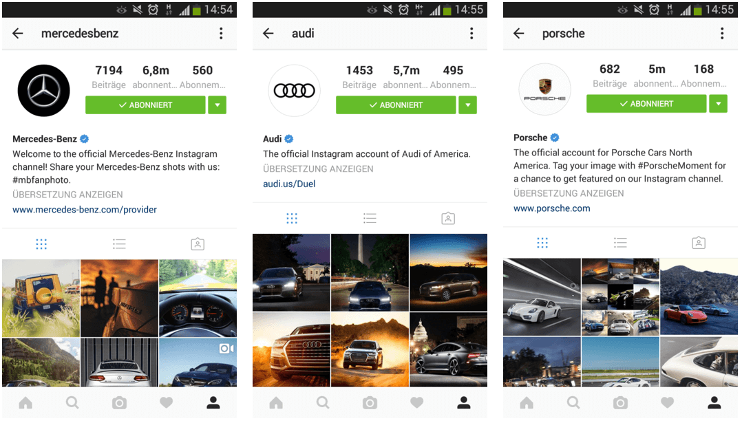 Compte officiel de Mercedes-Benz, Audi of America et Porsche Cars North America sur Instagram