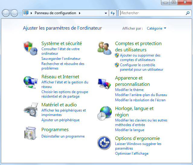 Fenêtre « Panneau de configuration » sous Windows 7