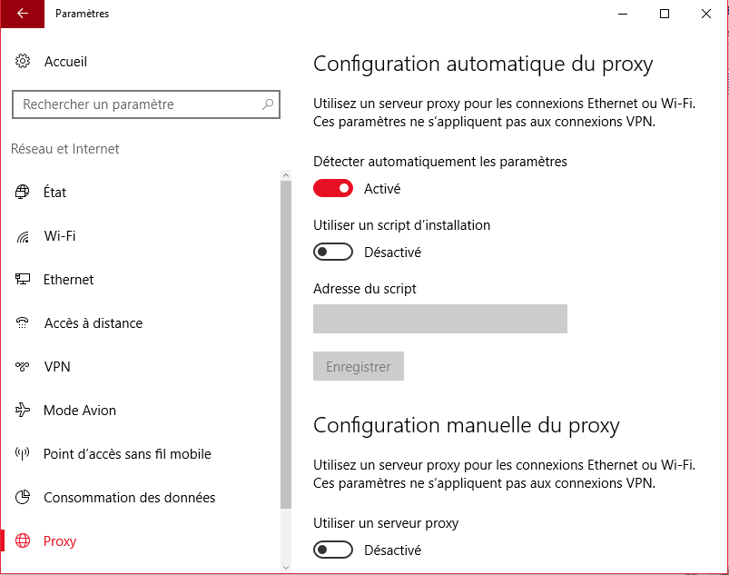 Onglet « Proxy » sous Windows 10
