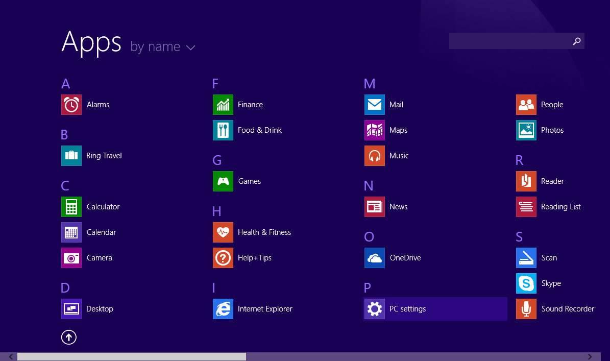 Le menu d’application de Windows 8 (version anglaise)