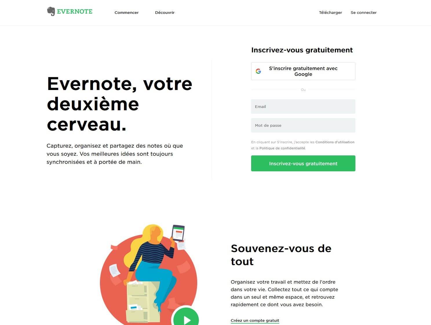 Page d’accueil du site français d’Evernote avec le formulaire d’inscription
