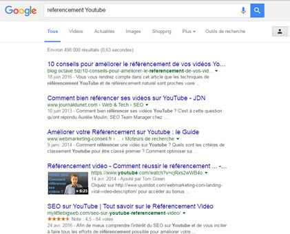 Résultats de la recherche « référencement Youtube » sur Google
