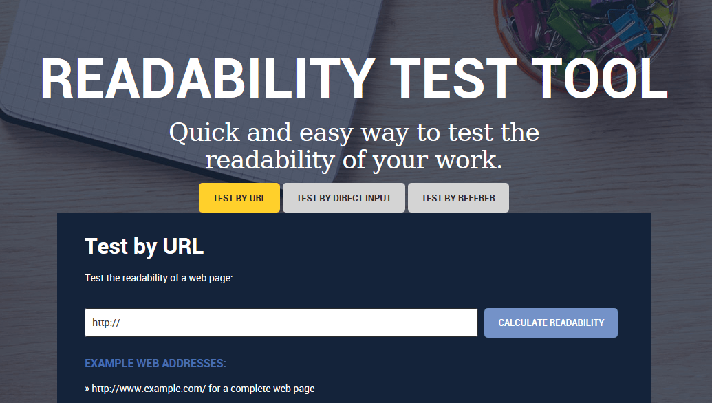Screenshot of the Readability Test Tools site